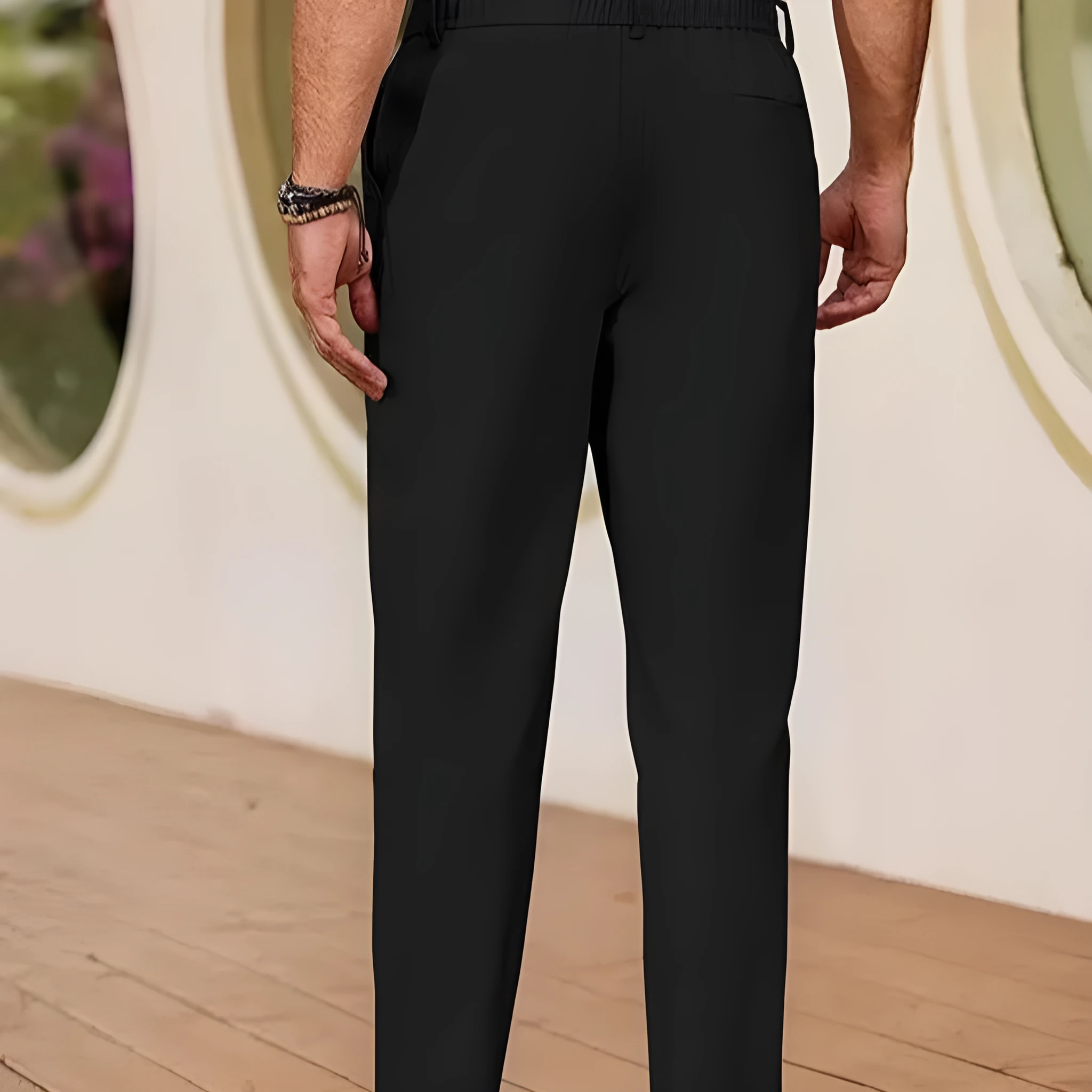 Men's casual breathable drawstring polyester straight pants in black with slight stretch