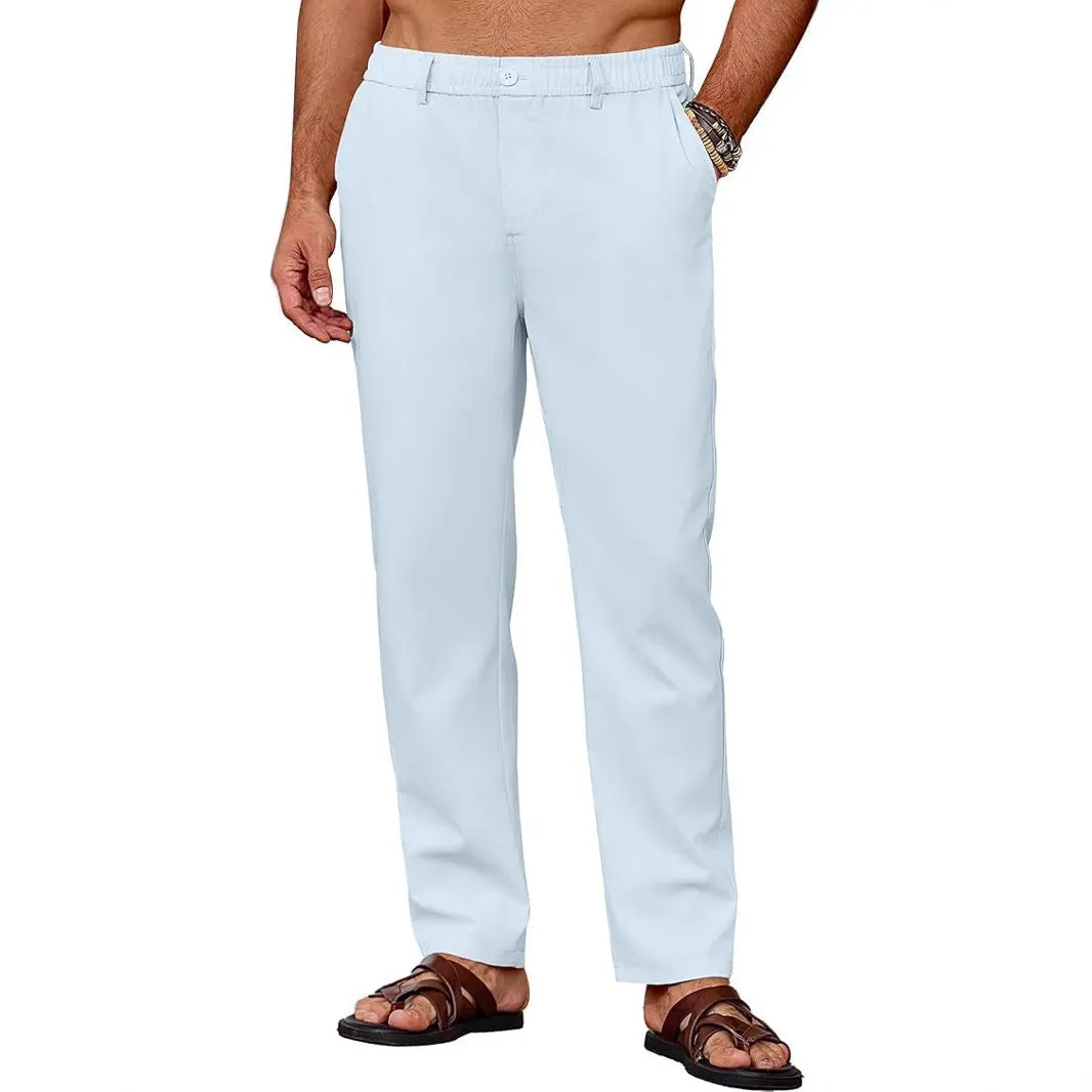 Men's casual breathable drawstring polyester straight pants in black with slight stretch