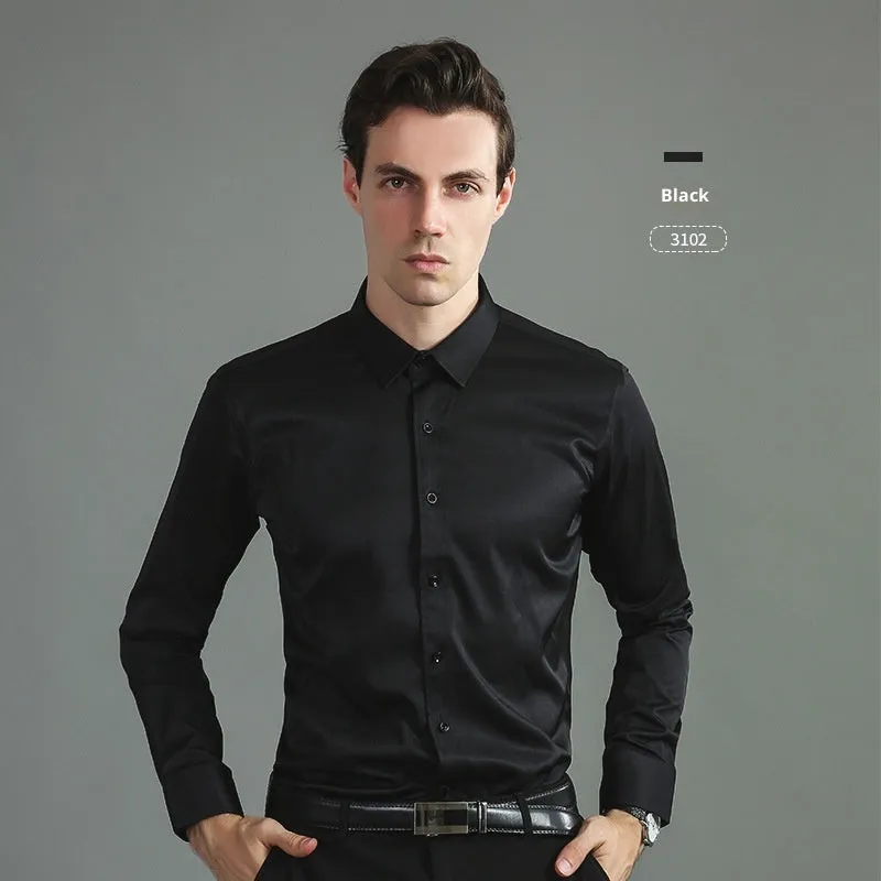 Casual four-way stretch long sleeve shirt in solid colour, slim fit cardigan style for weddings and business, polyester fibre blend