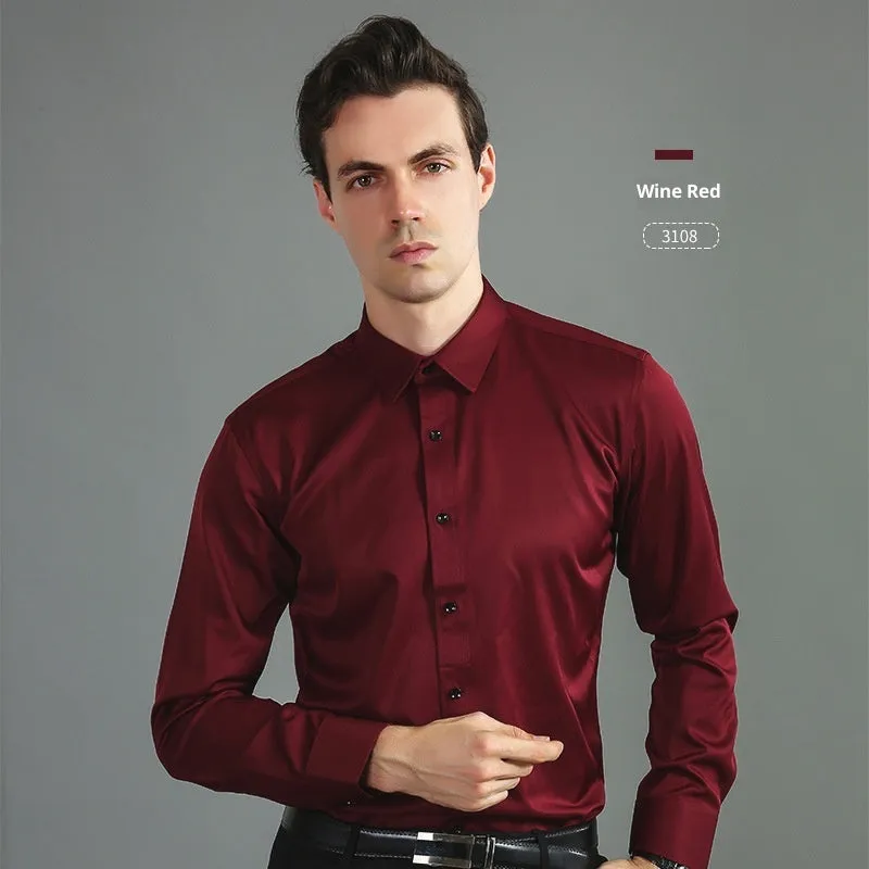 Casual four-way stretch long sleeve shirt in solid colour, slim fit cardigan style for weddings and business, polyester fibre blend