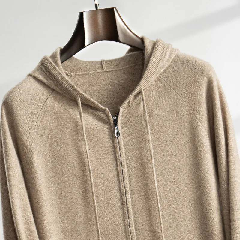 Men's cashmere zip-up knit cardigan jacket in Elegant Camel, loose fit, hooded, front view