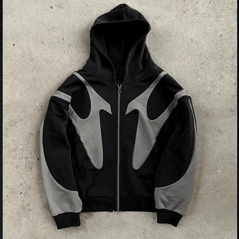 Geometric pattern stitching hooded cardigan zipper sweater in polyester black