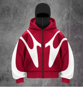 Geometric pattern stitching hooded cardigan zipper sweater in polyester black