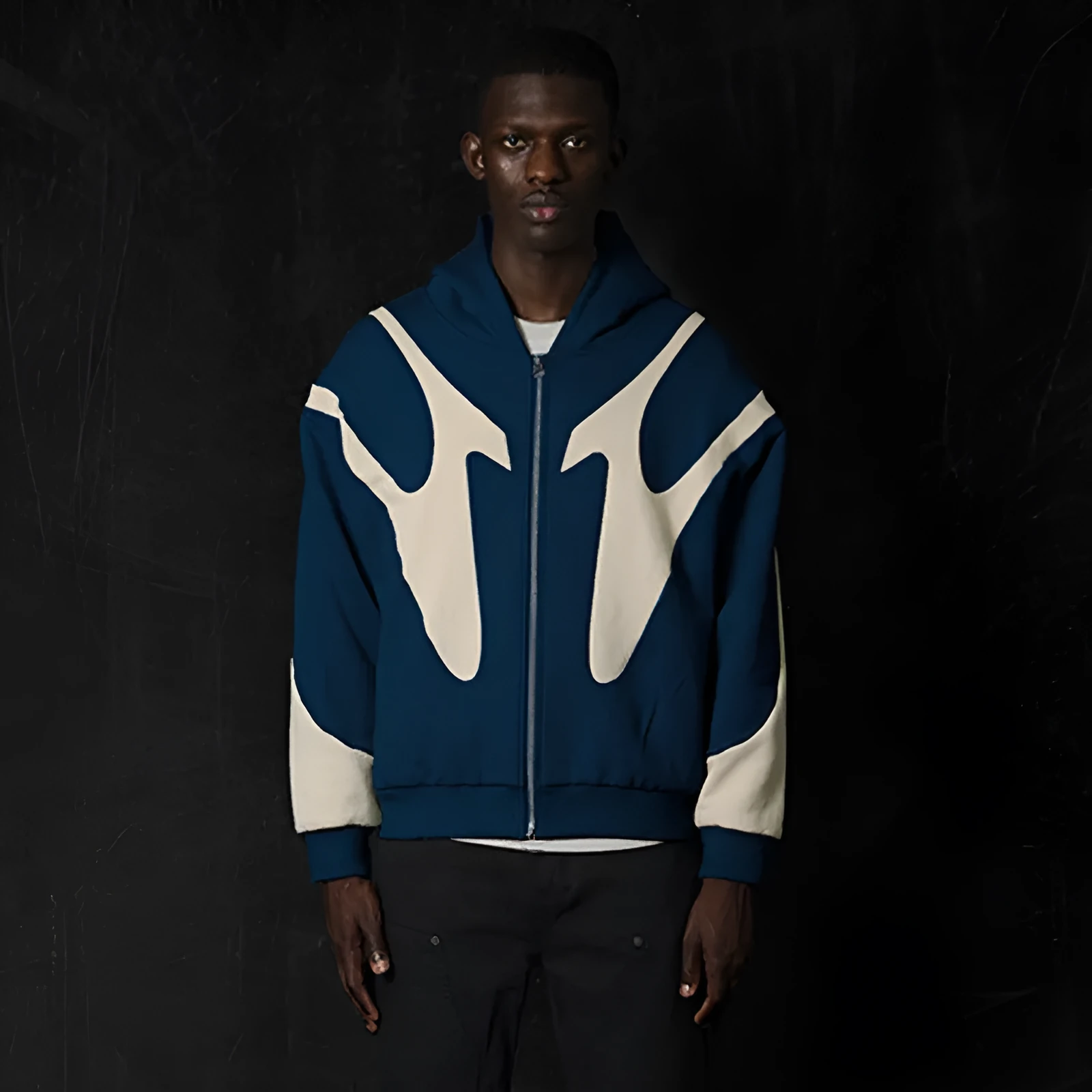 Geometric pattern stitching hooded cardigan zipper sweater in polyester black