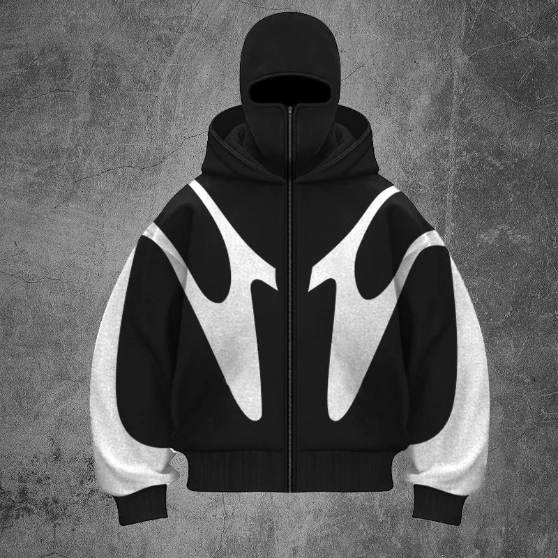Geometric pattern stitching hooded cardigan zipper sweater in polyester black