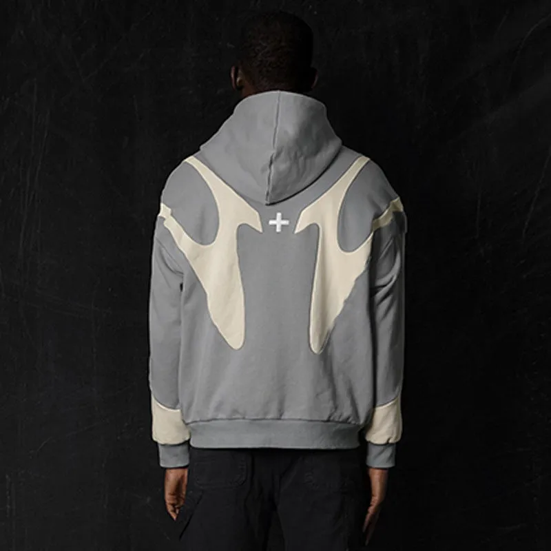Geometric pattern stitching hooded cardigan zipper sweater in polyester black