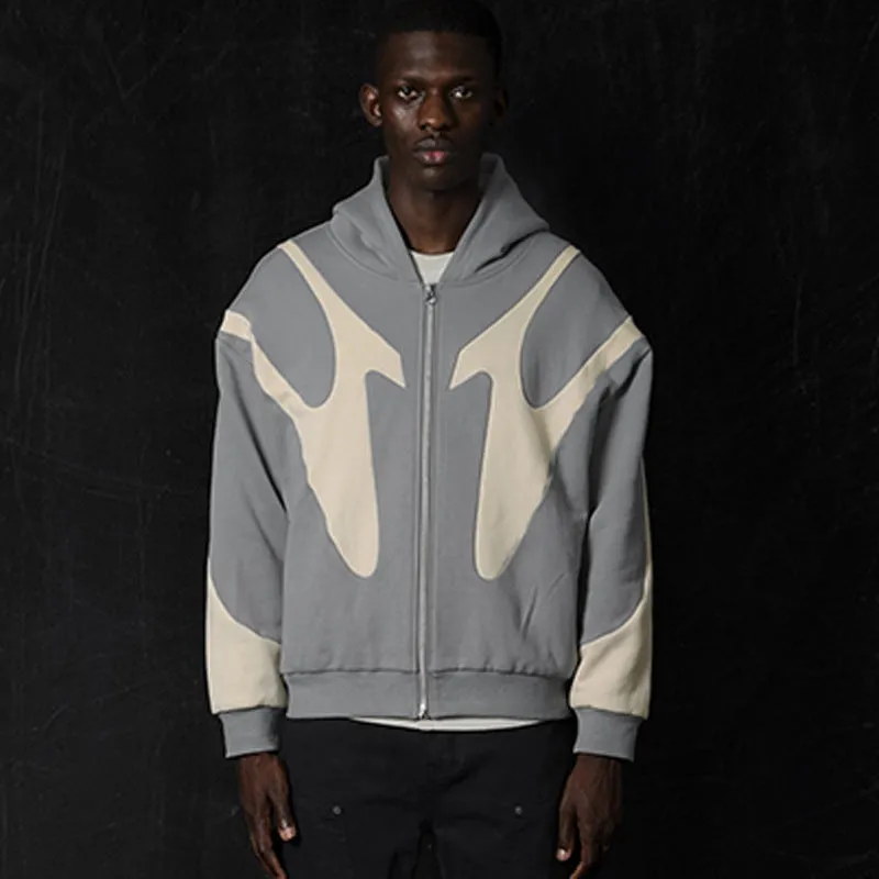 Geometric pattern stitching hooded cardigan zipper sweater in polyester black