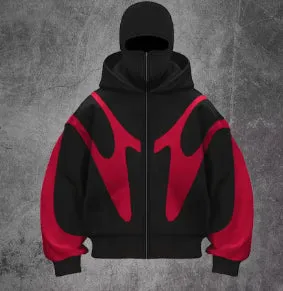 Geometric pattern stitching hooded cardigan zipper sweater in polyester black
