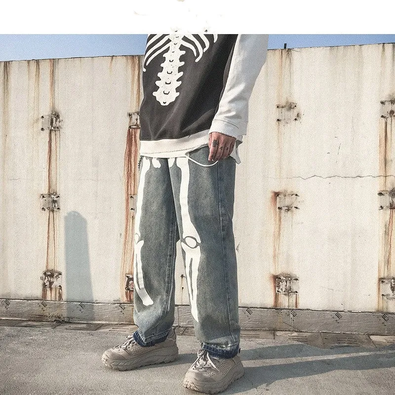 Mens high-waist denim harem pants in black five-point length streetwear style
