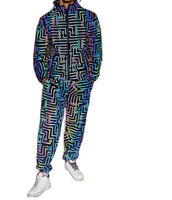 Black hooded reflective jacket for dance, polyester fabric, straight hem, front view on model