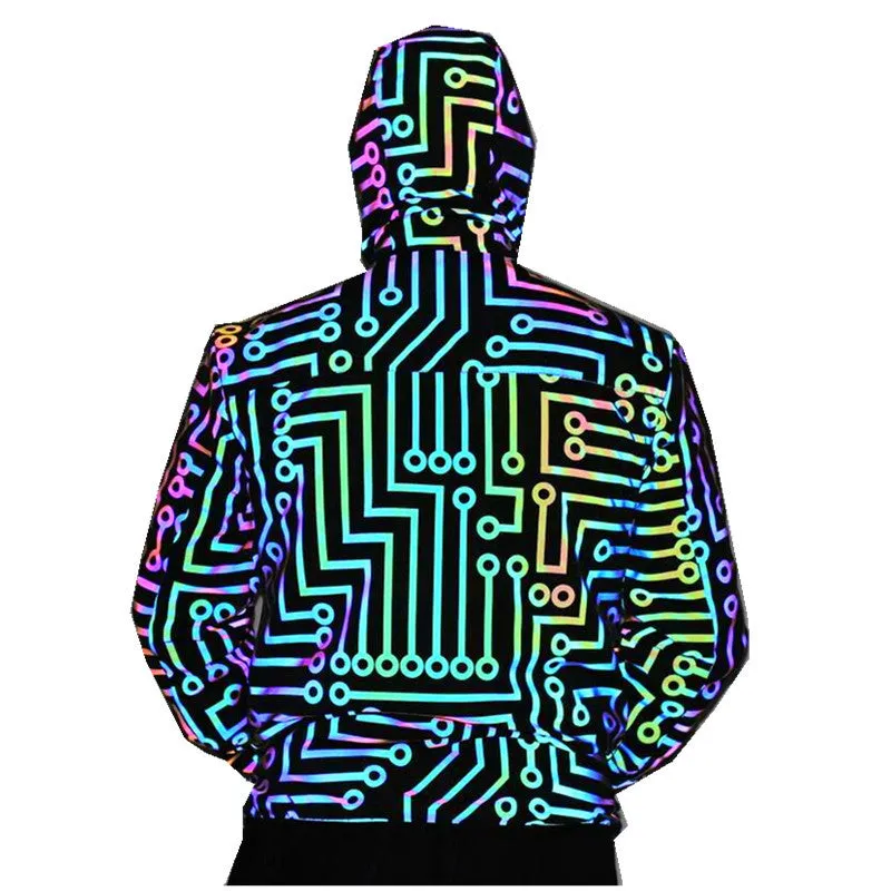 Black hooded reflective jacket for dance, polyester fabric, straight hem, front view on model