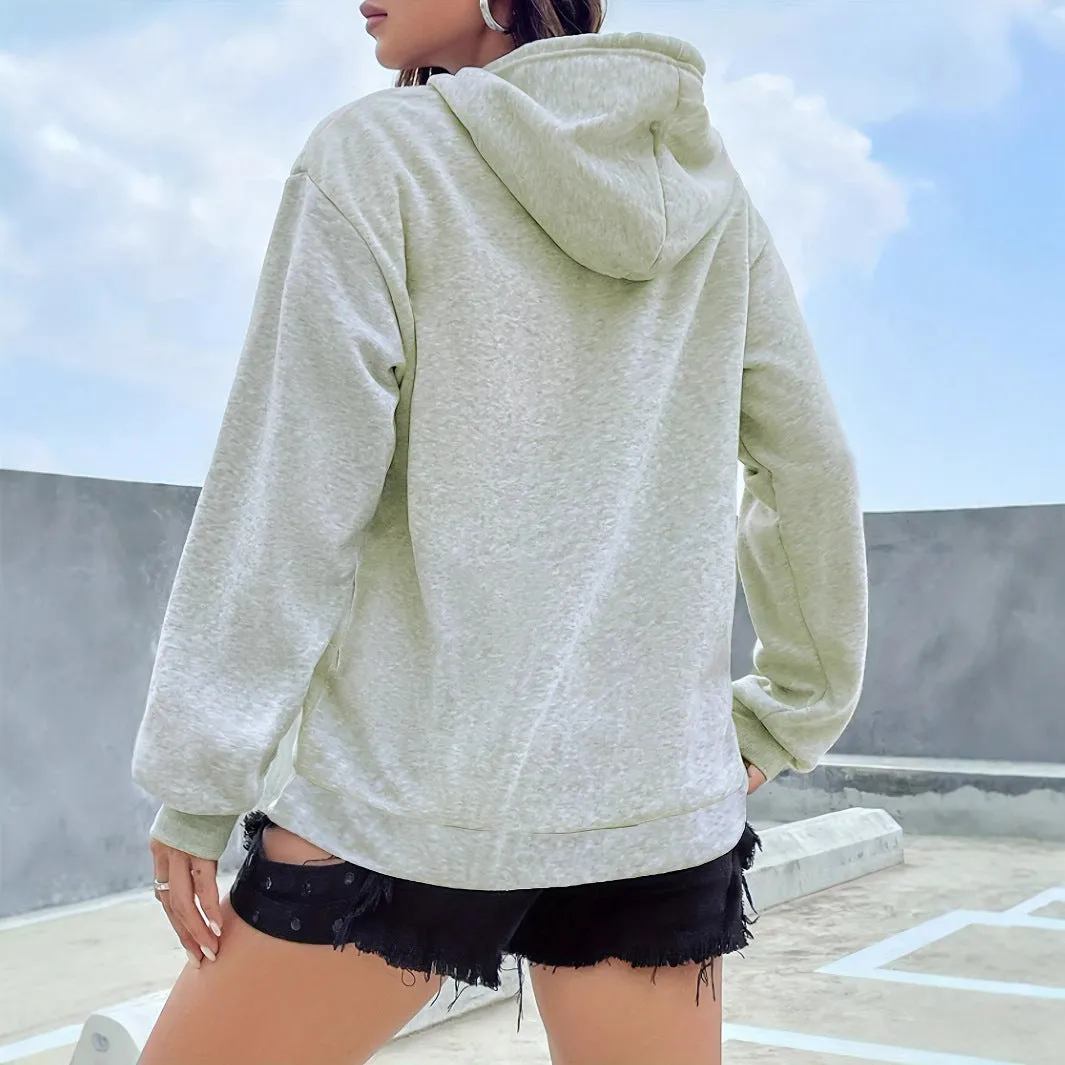 Casual long sleeved printed kangaroo pocket hoodie in black, loose fit, front view
