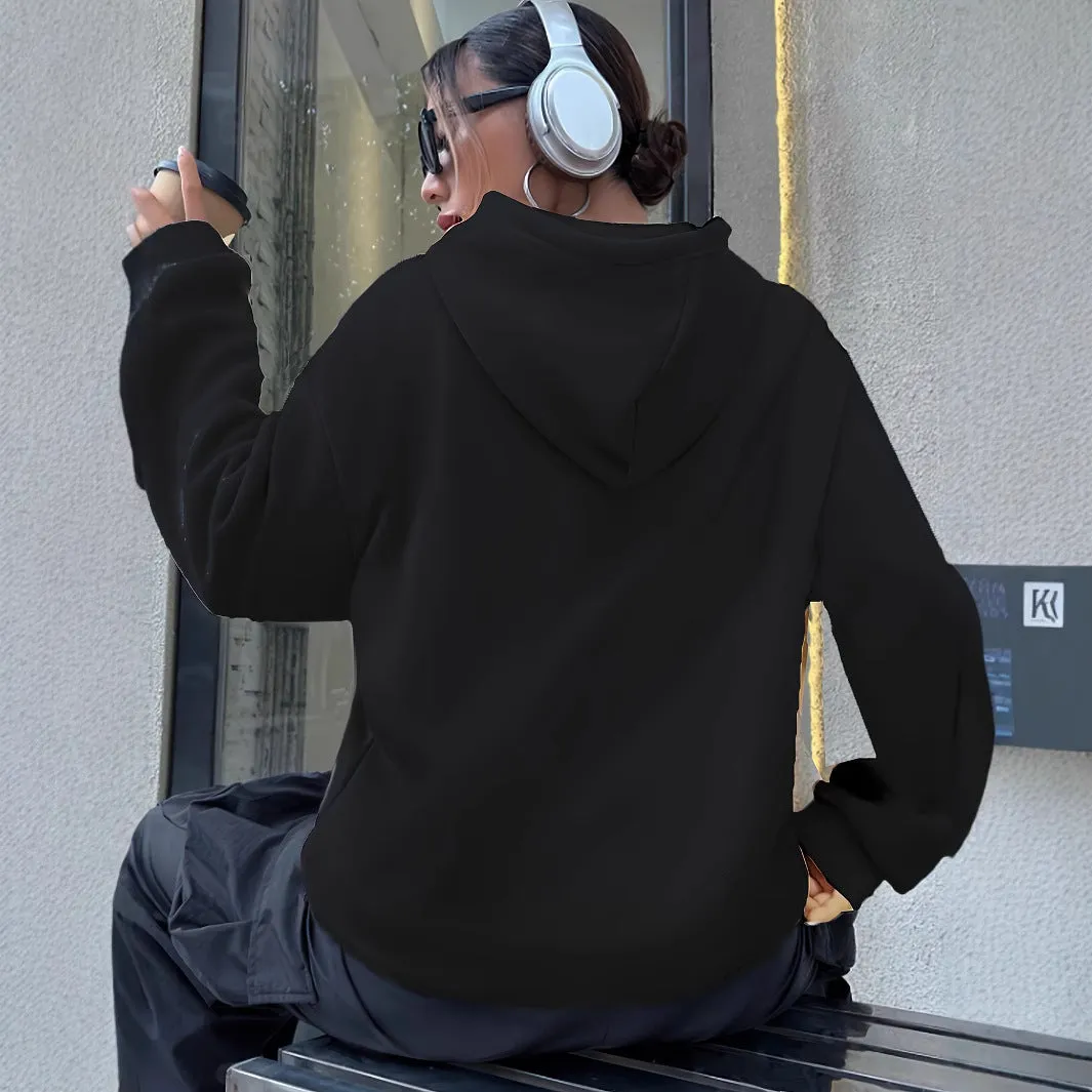 Casual long sleeved printed kangaroo pocket hoodie in black, loose fit, front view