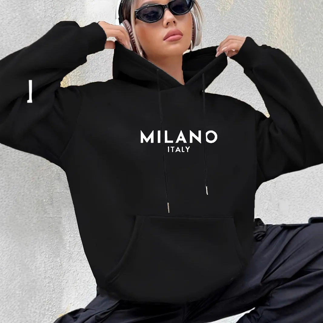 Casual long sleeved printed kangaroo pocket hoodie in black, loose fit, front view