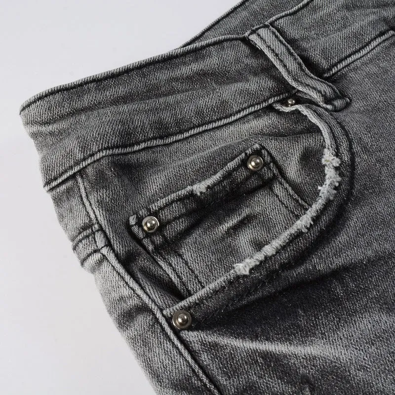 Stretch slim-fit skinny jeans for men in dark denim tapered trousers mid waist zip fly