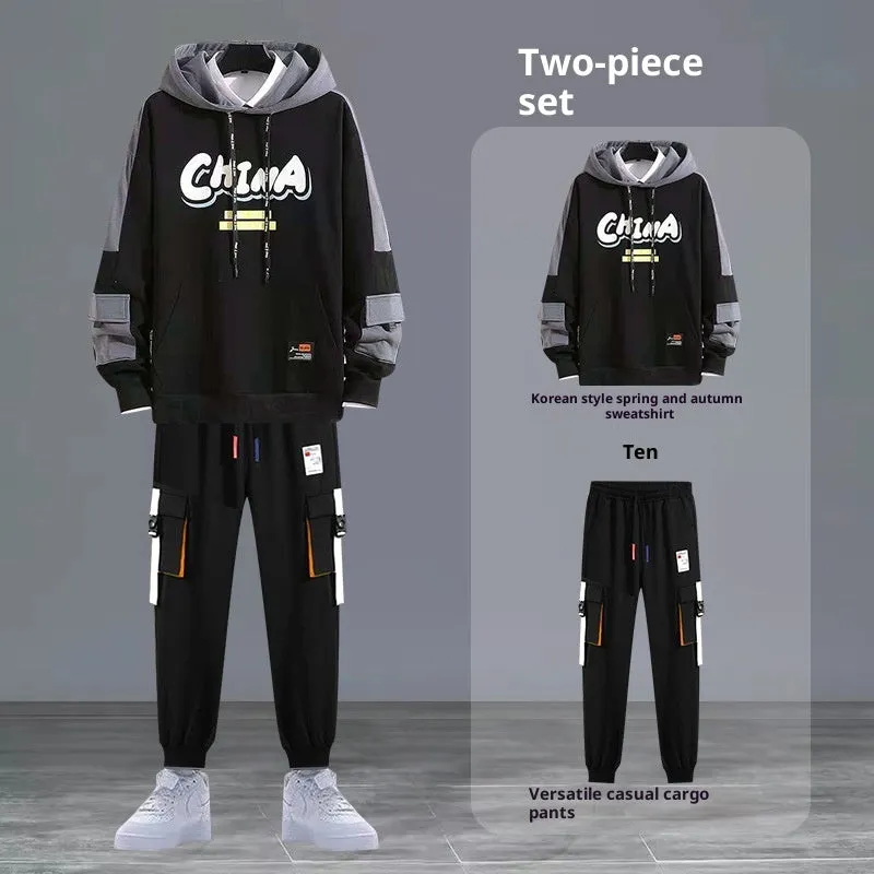 Youth hooded sweater jacket sports suit with trousers, black colour, polyester blend fabric for spring autumn leisure