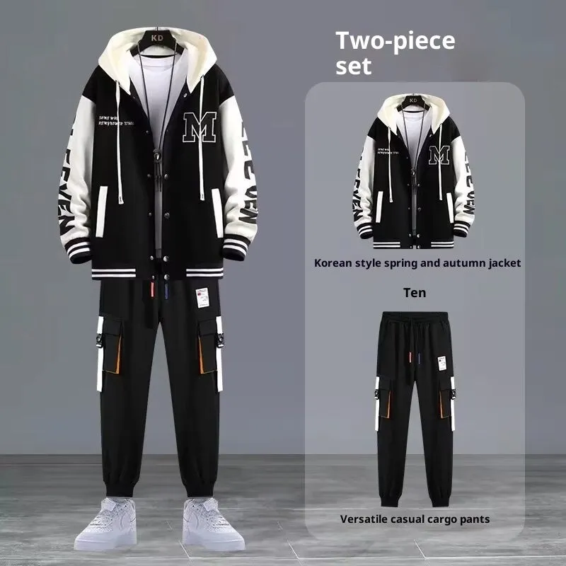 Youth hooded sweater jacket sports suit with trousers, black colour, polyester blend fabric for spring autumn leisure