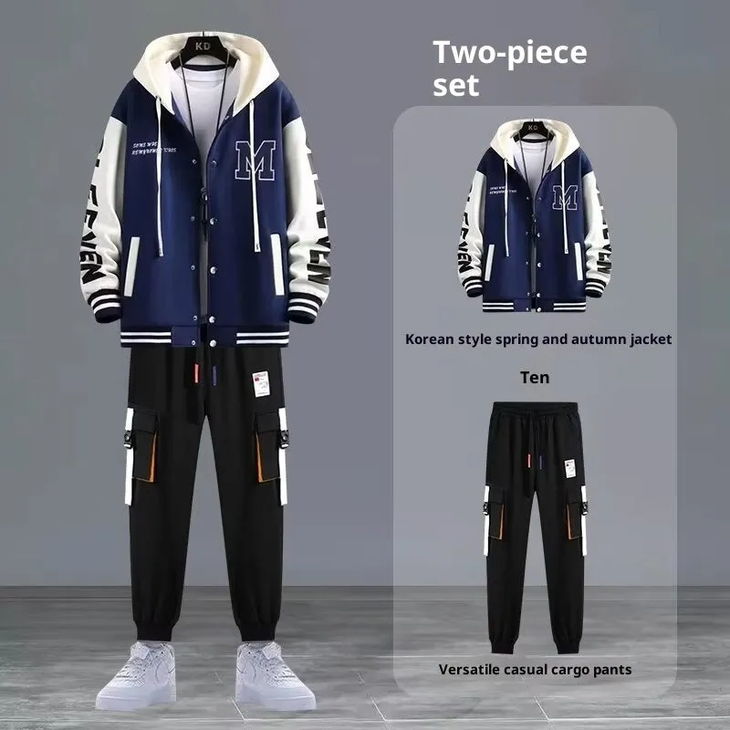 Youth hooded sweater jacket sports suit with trousers, black colour, polyester blend fabric for spring autumn leisure