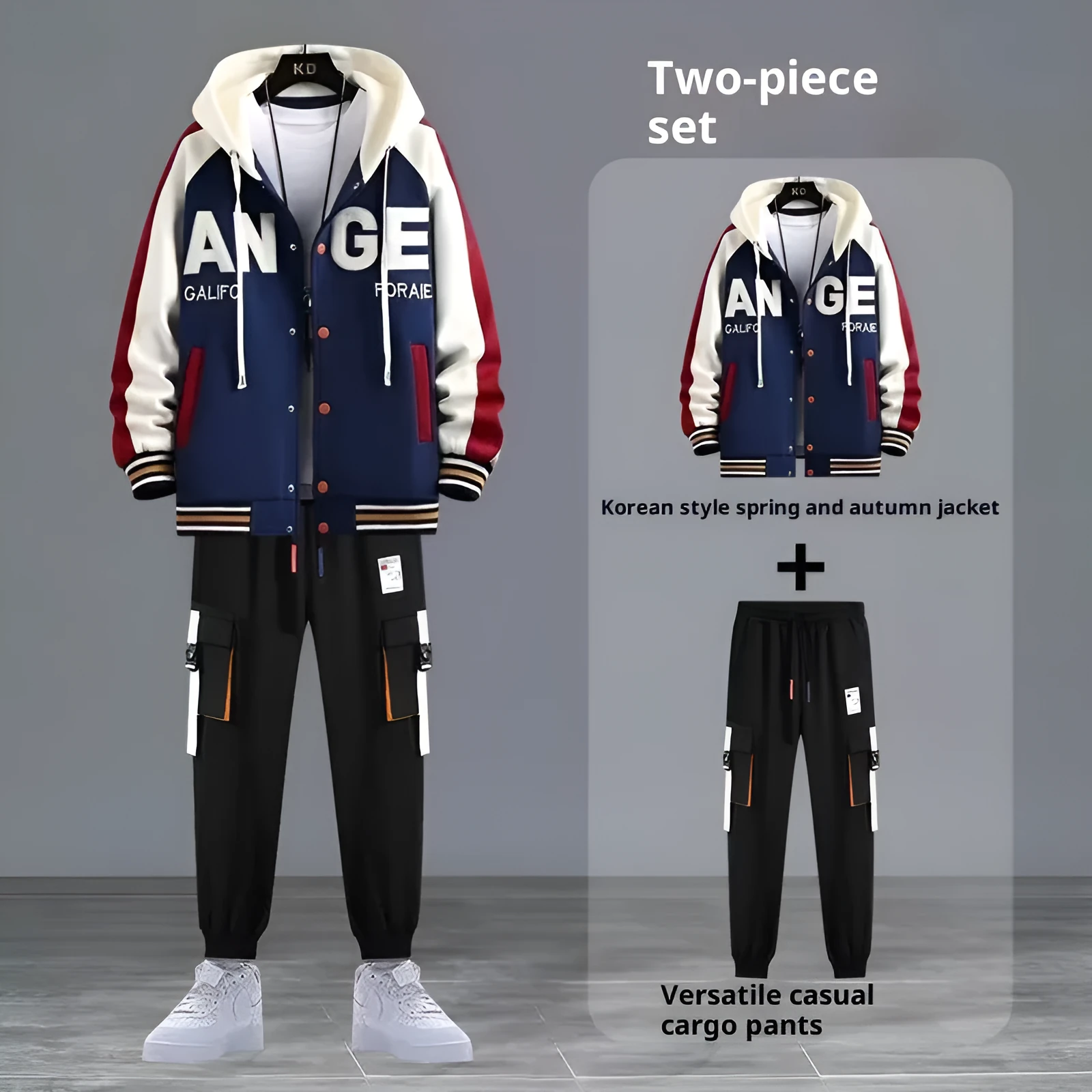 Youth hooded sweater jacket sports suit with trousers, black colour, polyester blend fabric for spring autumn leisure
