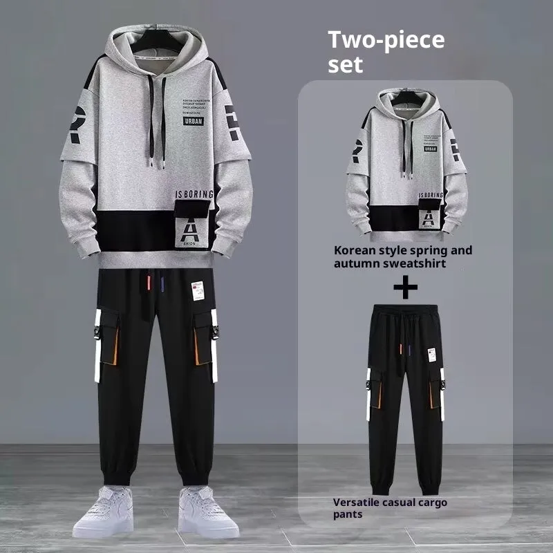 Youth hooded sweater jacket sports suit with trousers, black colour, polyester blend fabric for spring autumn leisure