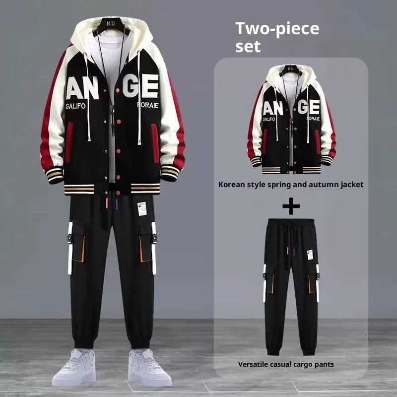 Youth hooded sweater jacket sports suit with trousers, black colour, polyester blend fabric for spring autumn leisure
