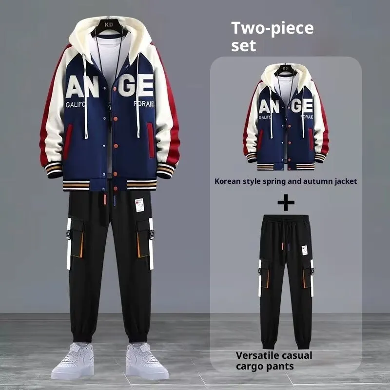 Youth hooded sweater jacket sports suit with trousers, black colour, polyester blend fabric for spring autumn leisure