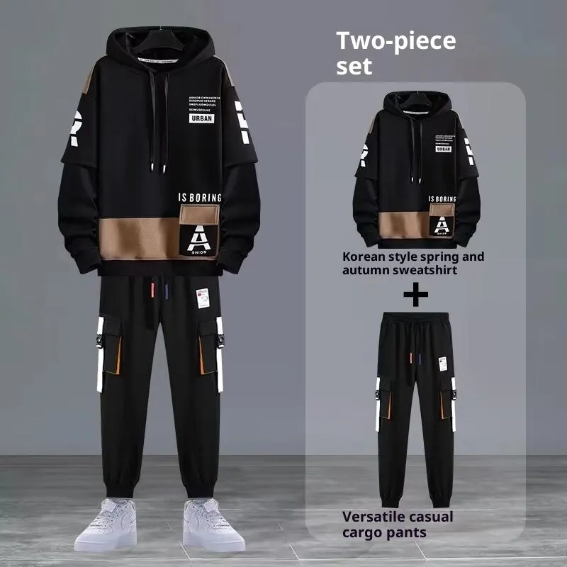 Youth hooded sweater jacket sports suit with trousers, black colour, polyester blend fabric for spring autumn leisure