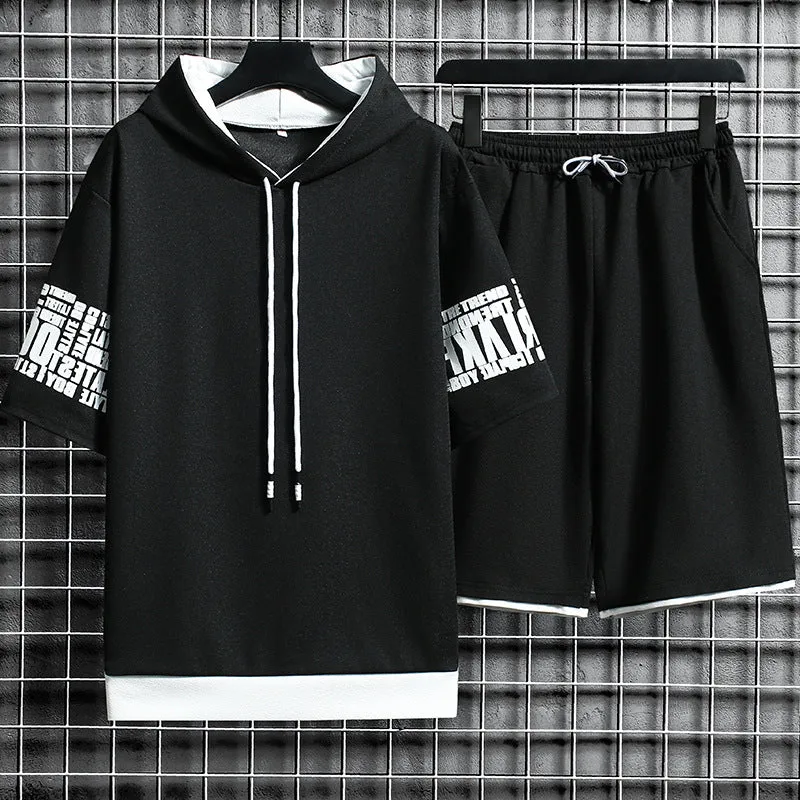 Men's loose sports suit with hooded short-sleeved top and casual trousers in solid colour