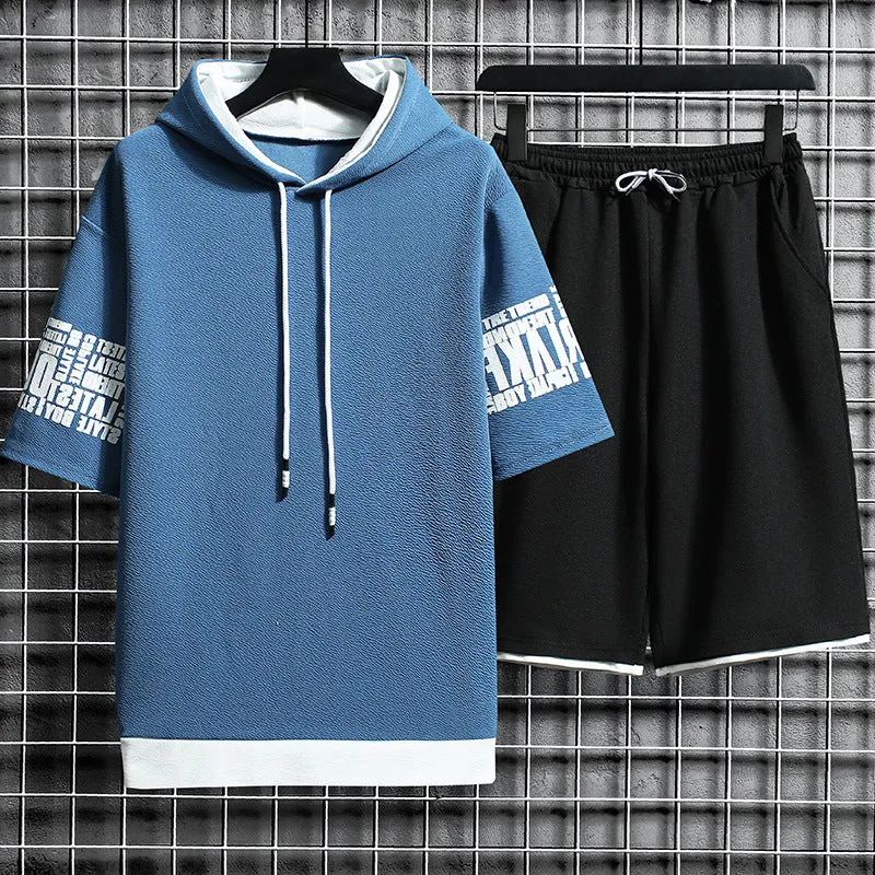 Men's loose sports suit with hooded short-sleeved top and casual trousers in solid colour