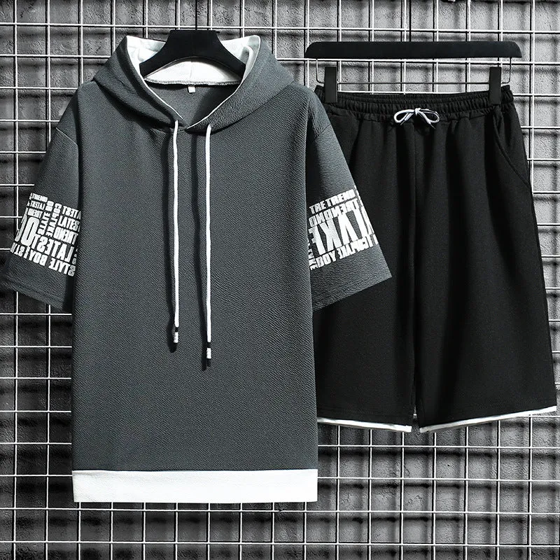 Men's loose sports suit with hooded short-sleeved top and casual trousers in solid colour