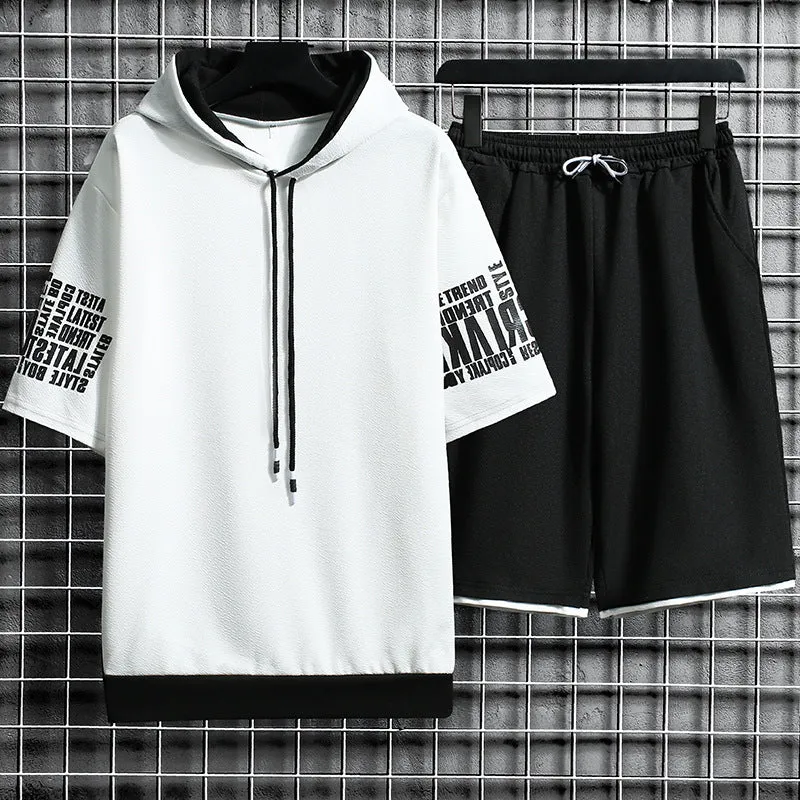 Men's loose sports suit with hooded short-sleeved top and casual trousers in solid colour