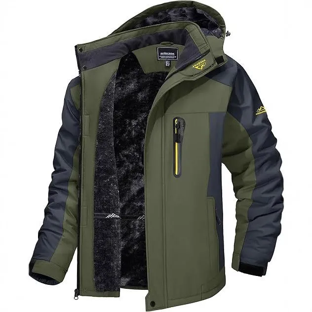 Men's casual hooded warm cotton coat in solid colour, polyester fabric, front view