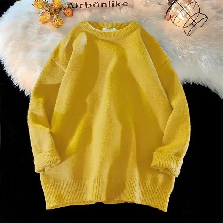 Men's loose round neck pullover sweater in multiple colour options: black, white, yellow, gray, light blue, and dark blue