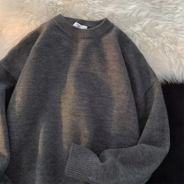 Men's loose round neck pullover sweater in multiple colour options: black, white, yellow, gray, light blue, and dark blue