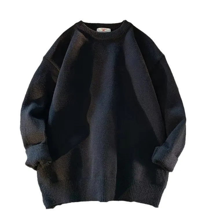 Men's loose round neck pullover sweater in multiple colour options: black, white, yellow, gray, light blue, and dark blue