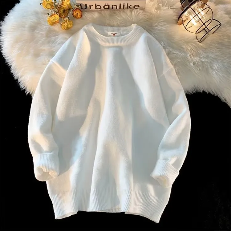 Men's loose round neck pullover sweater in multiple colour options: black, white, yellow, gray, light blue, and dark blue