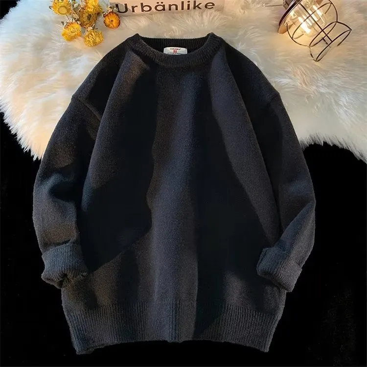 Men's loose round neck pullover sweater in multiple colour options: black, white, yellow, gray, light blue, and dark blue