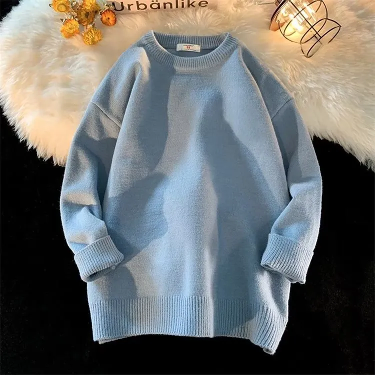 Men's loose round neck pullover sweater in multiple colour options: black, white, yellow, gray, light blue, and dark blue