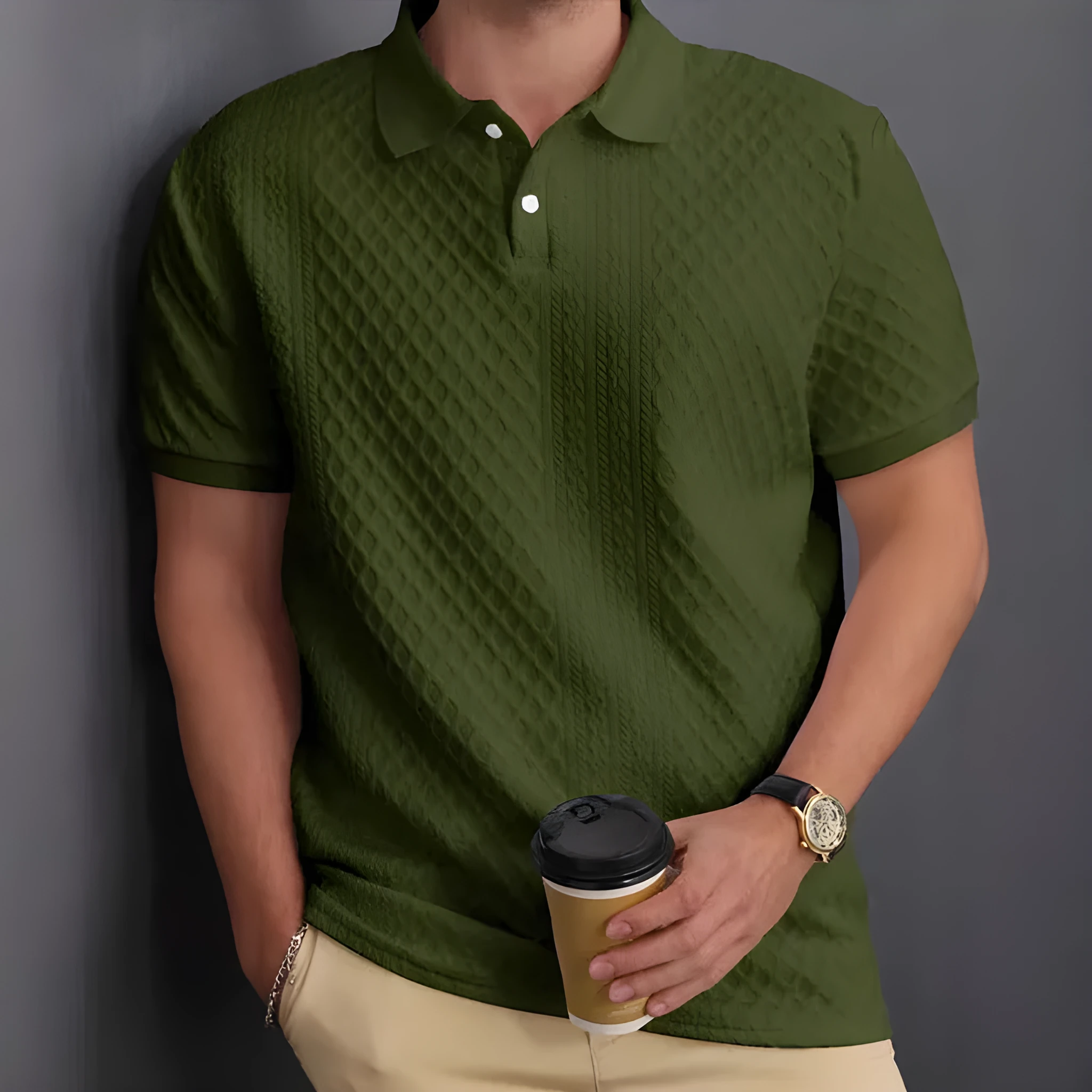 Jacquard fabric button placket polo shirt in olive green, cotton blend, sizes S to XXL