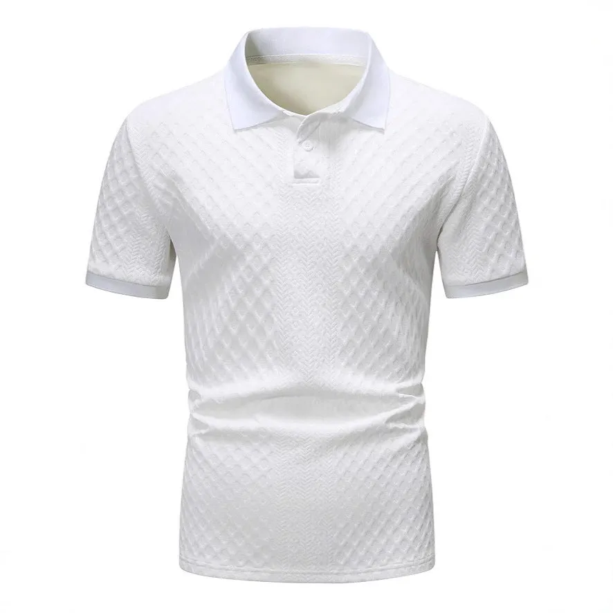 Jacquard fabric button placket polo shirt in olive green, cotton blend, sizes S to XXL