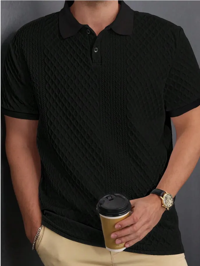 Jacquard fabric button placket polo shirt in olive green, cotton blend, sizes S to XXL