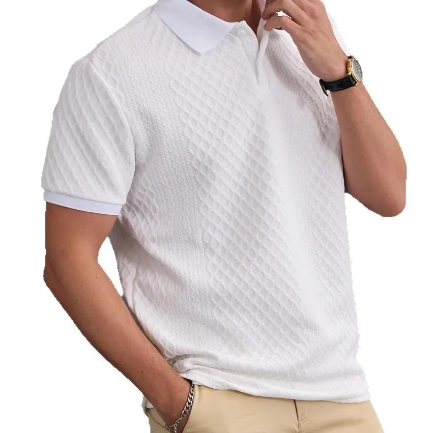 Jacquard fabric button placket polo shirt in olive green, cotton blend, sizes S to XXL