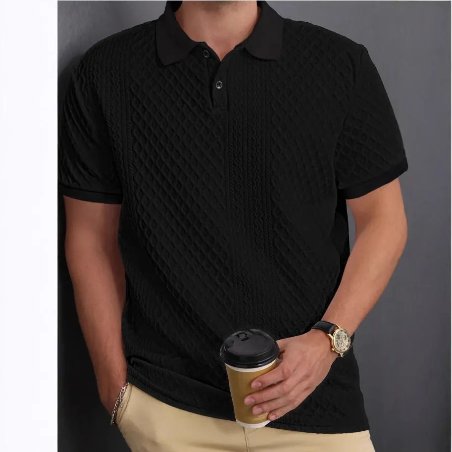 Jacquard fabric button placket polo shirt in olive green, cotton blend, sizes S to XXL