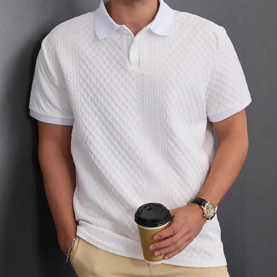 Jacquard fabric button placket polo shirt in olive green, cotton blend, sizes S to XXL