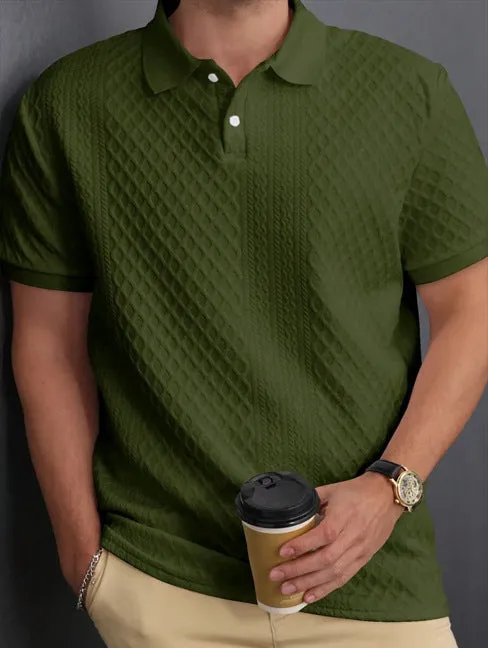 Jacquard fabric button placket polo shirt in olive green, cotton blend, sizes S to XXL