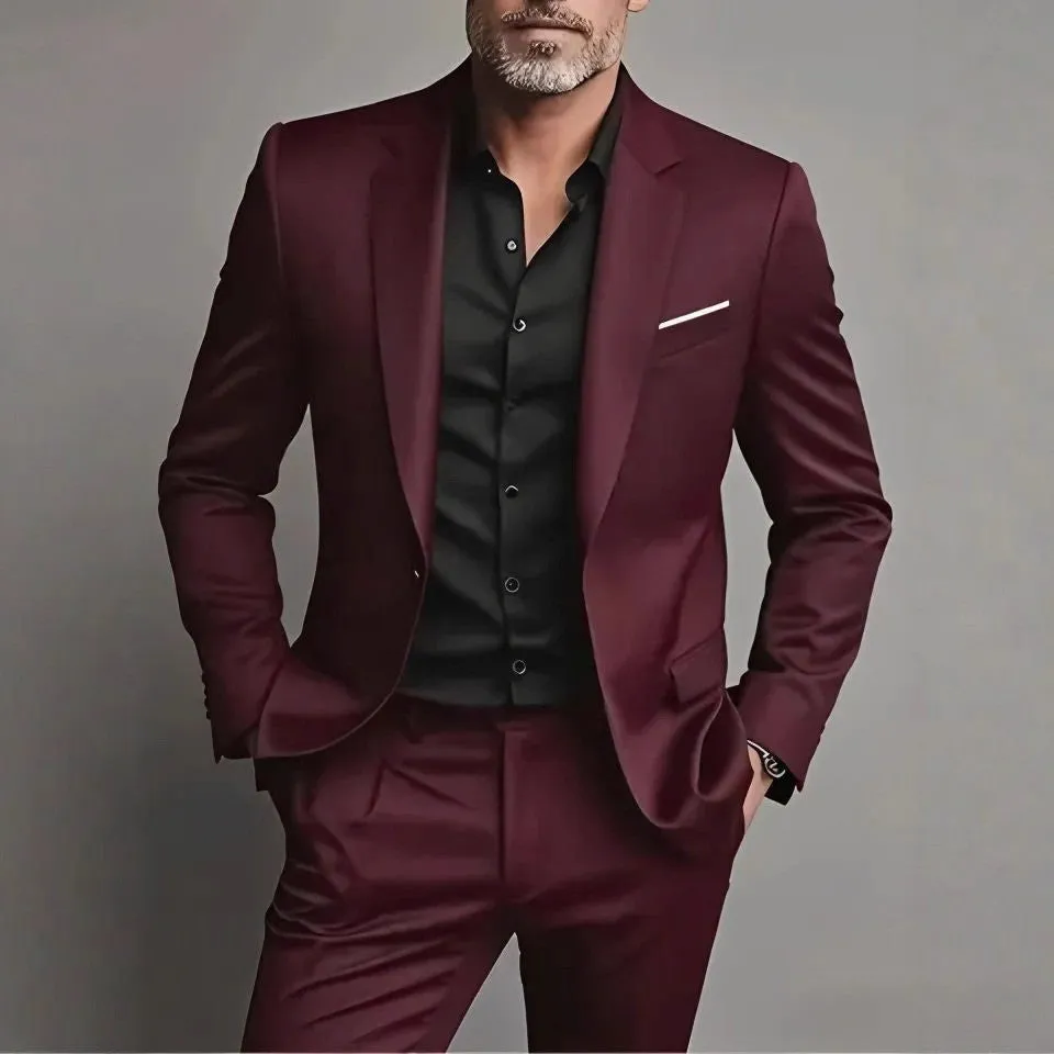 Men's slim fit two-piece cotton blend suit set in black, coat and trousers on hanger