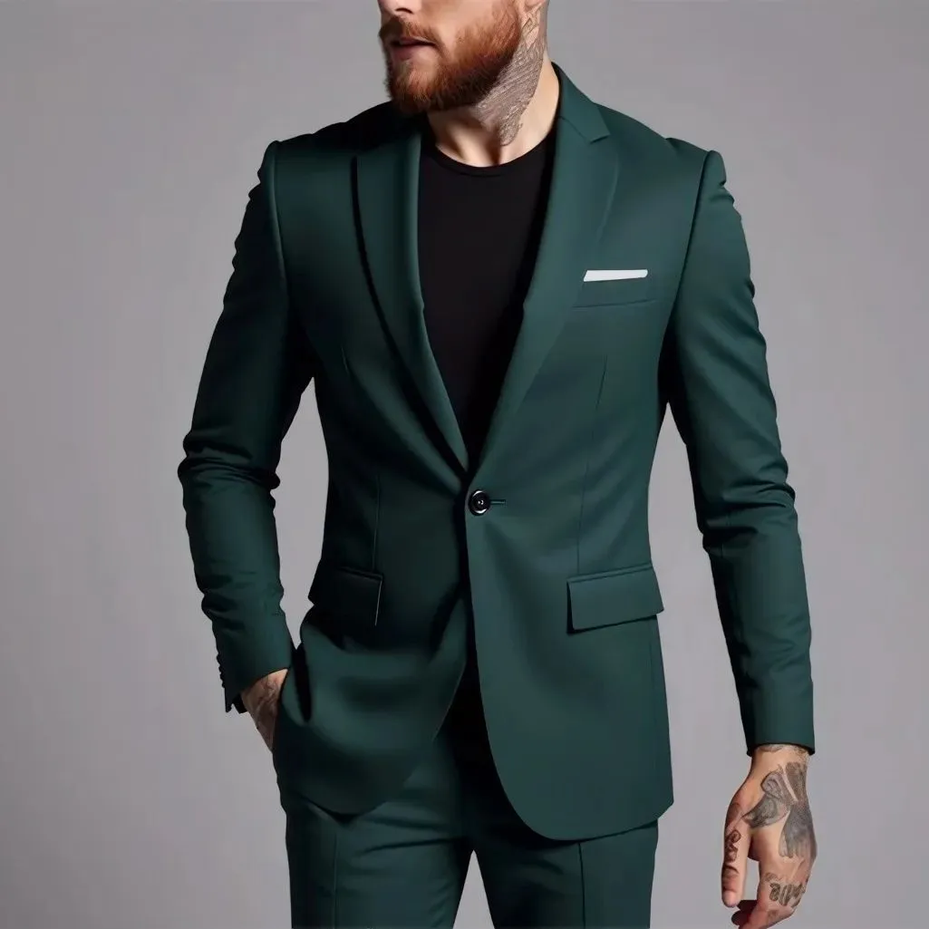 Men's slim fit two-piece cotton blend suit set in black, coat and trousers on hanger