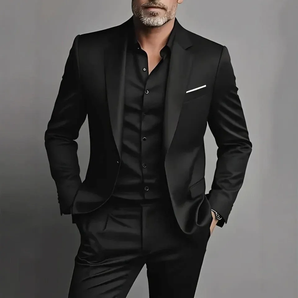 Men's slim fit two-piece cotton blend suit set in black, coat and trousers on hanger