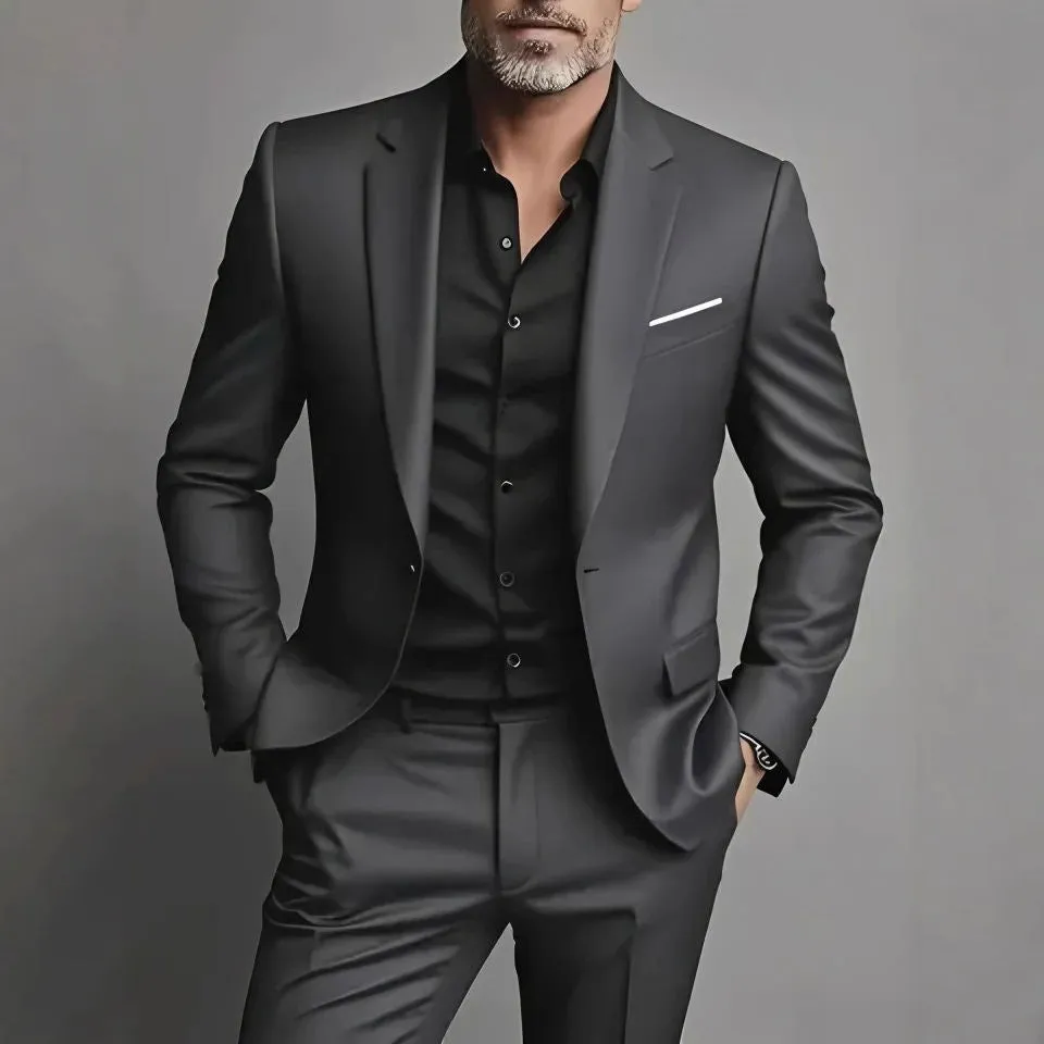 Men's slim fit two-piece cotton blend suit set in black, coat and trousers on hanger