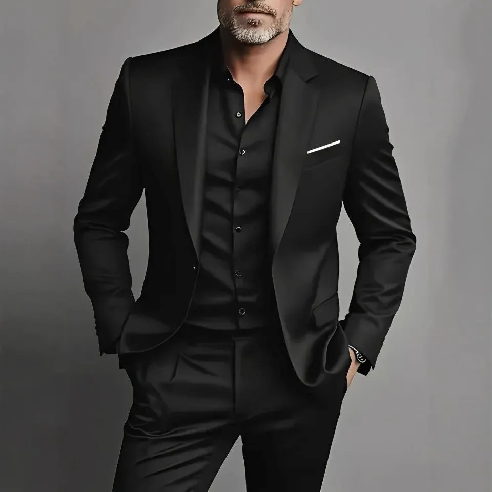 Men's slim fit two-piece cotton blend suit set in black, coat and trousers on hanger